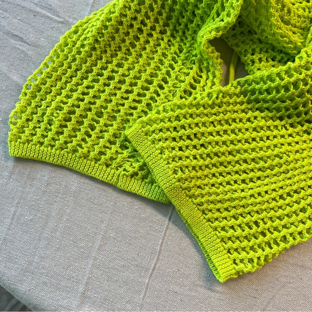 Lime Green Net Style Open Knit Flared Pants - image 3